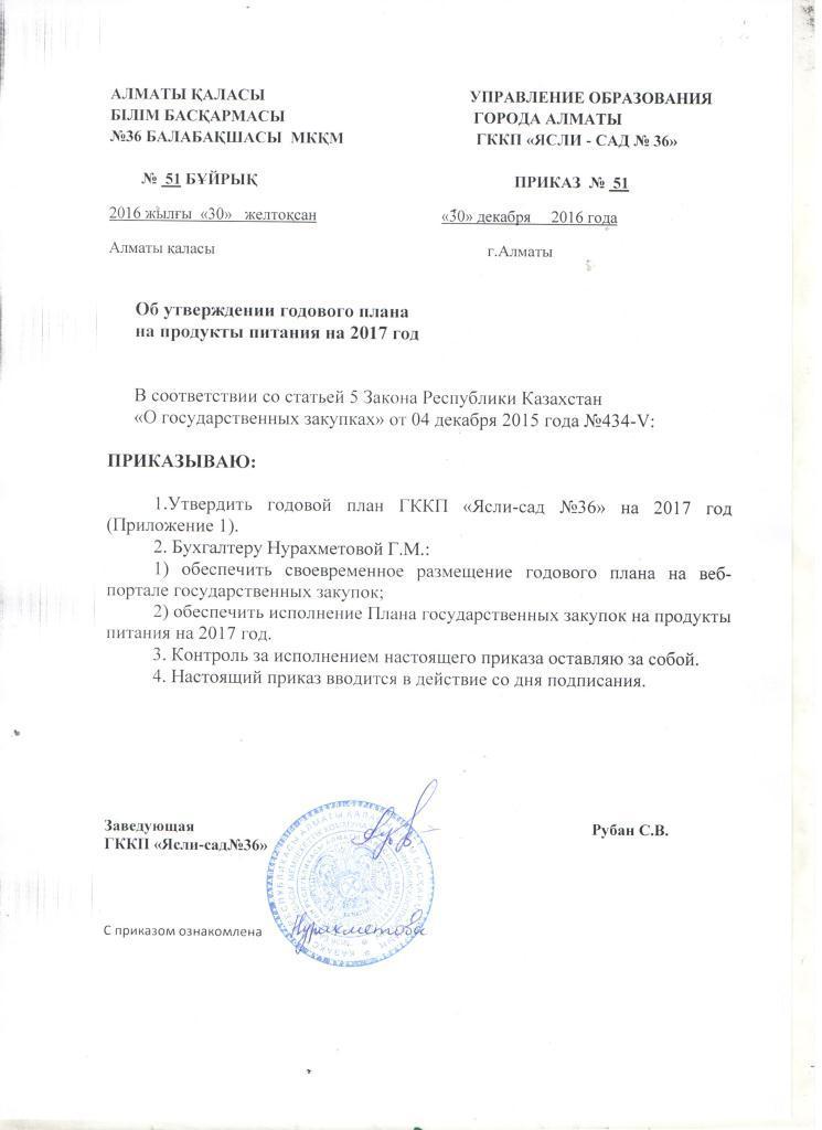 приказ об утверждении год.плана на продукты питания на 2017г