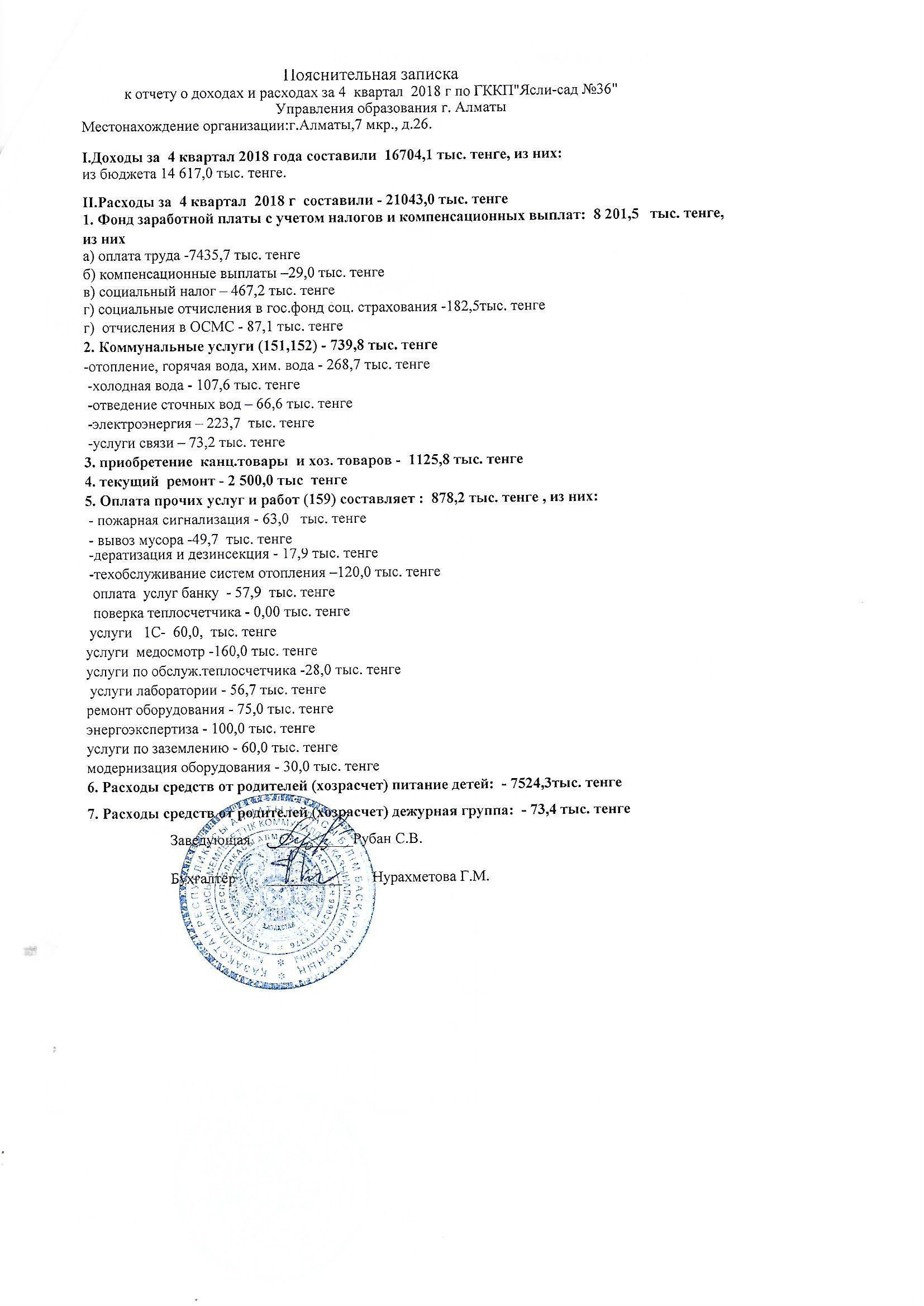 Отчет о доходах и расходах за 2018 г. 4 кв