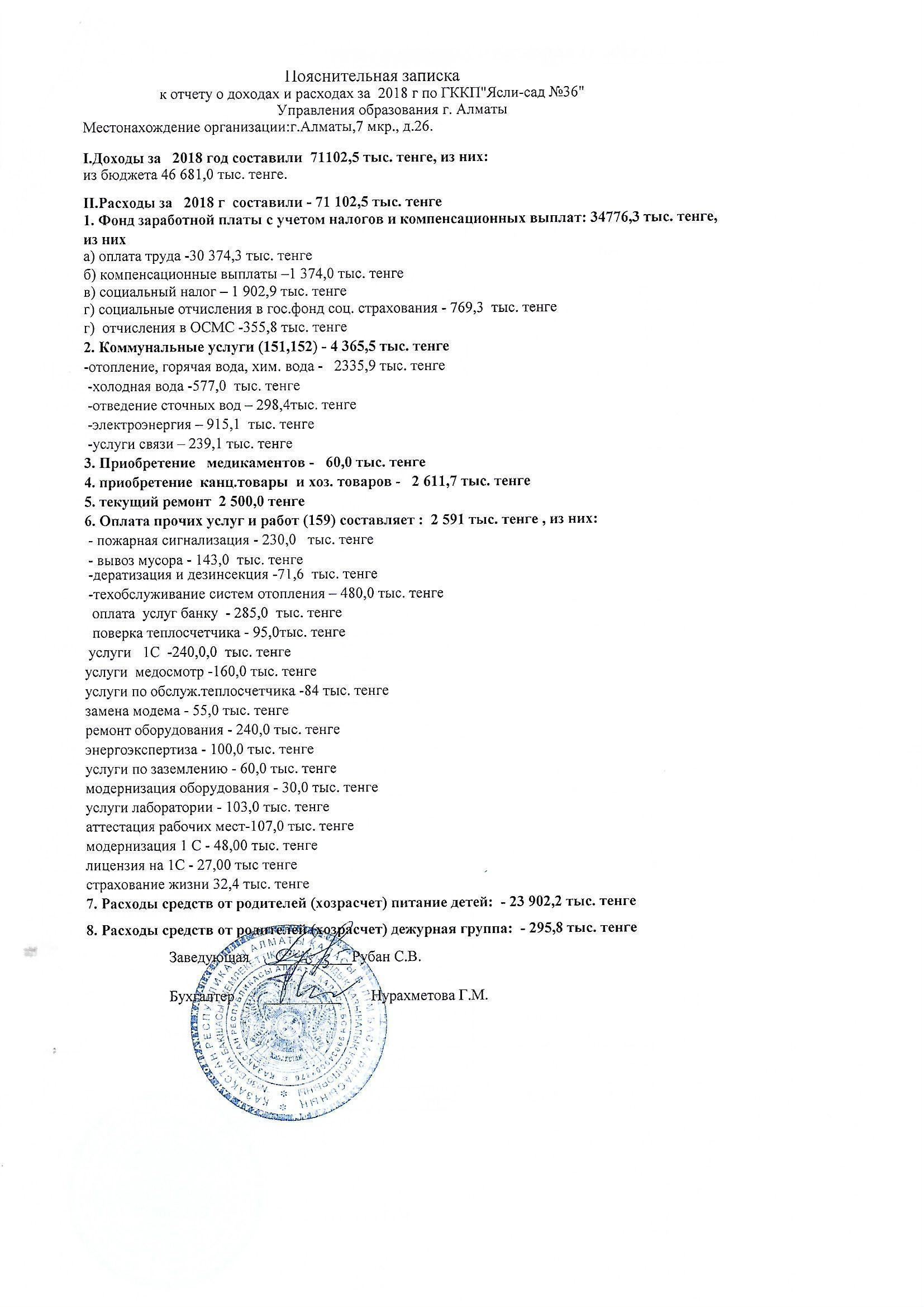 Отчет о доходах и расходах за 2018 г. 