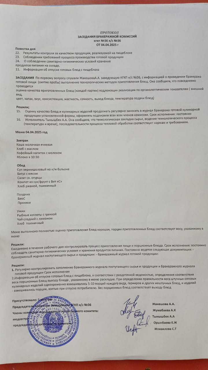 Протокол заседания бракеражной комиссий