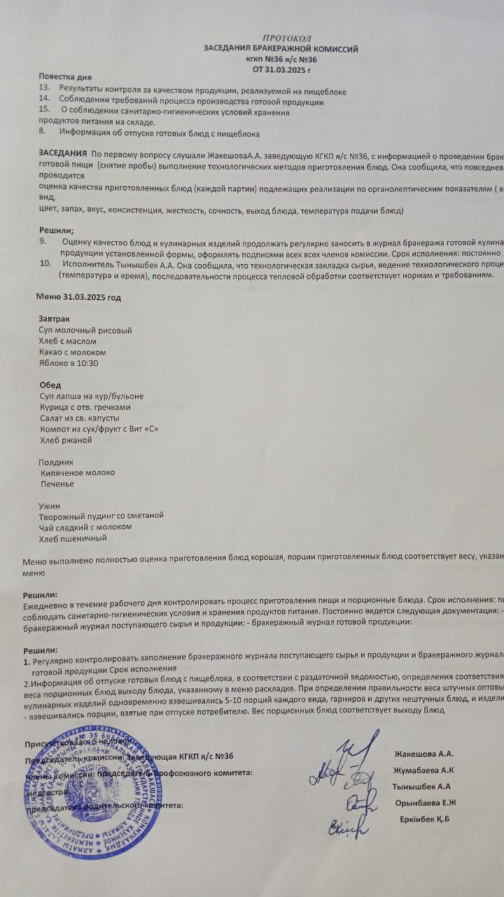 Протокол заседания бракеражной комиссий