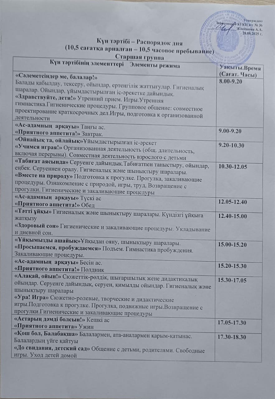 Күн тәртібі (10,5 сағатқа арналған ) Күншуақ тобына