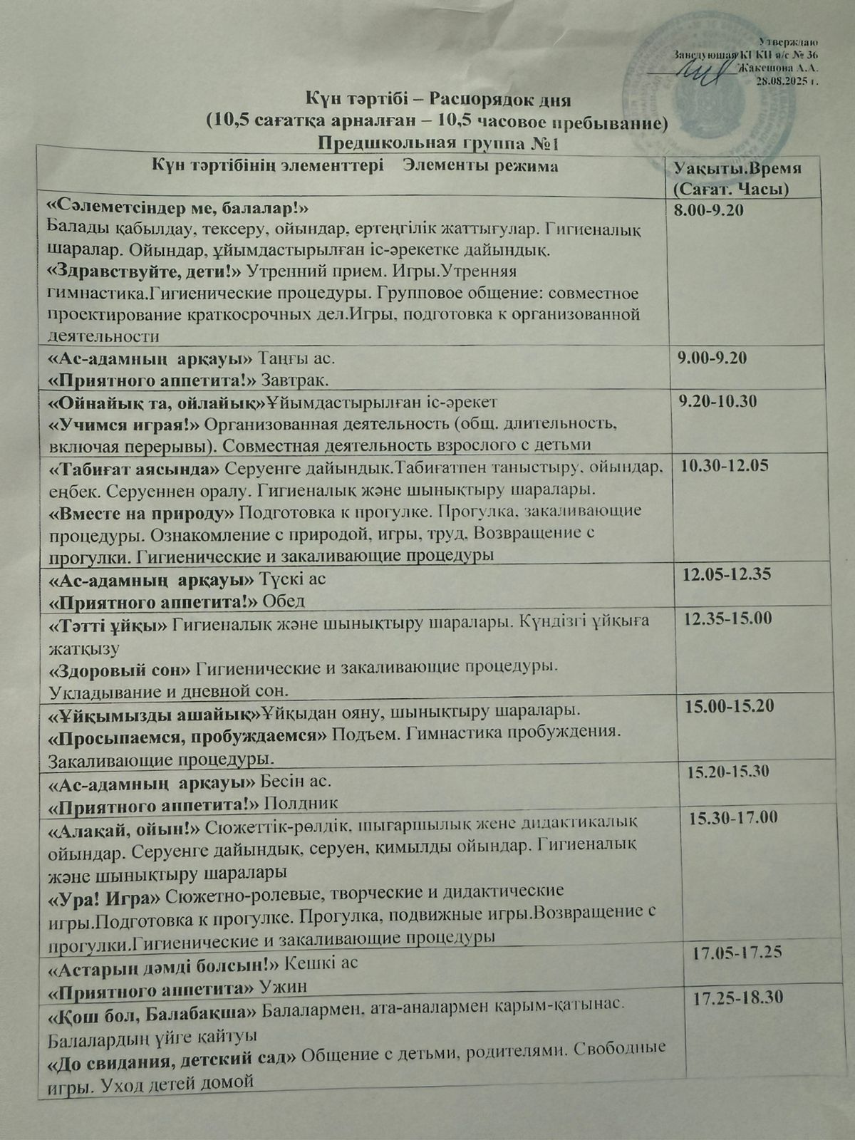 Күн тәртібі (10,5 сағатқа арналған ) Балапан тобына